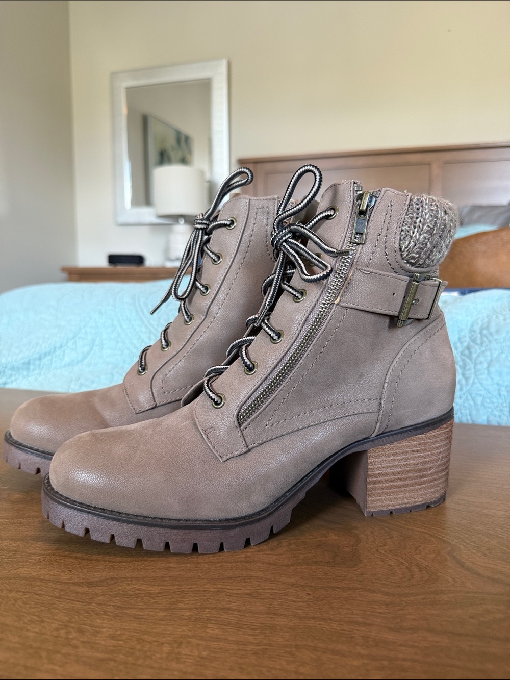 MIA Taupe Lace-Up Block Heel Ankle Boots